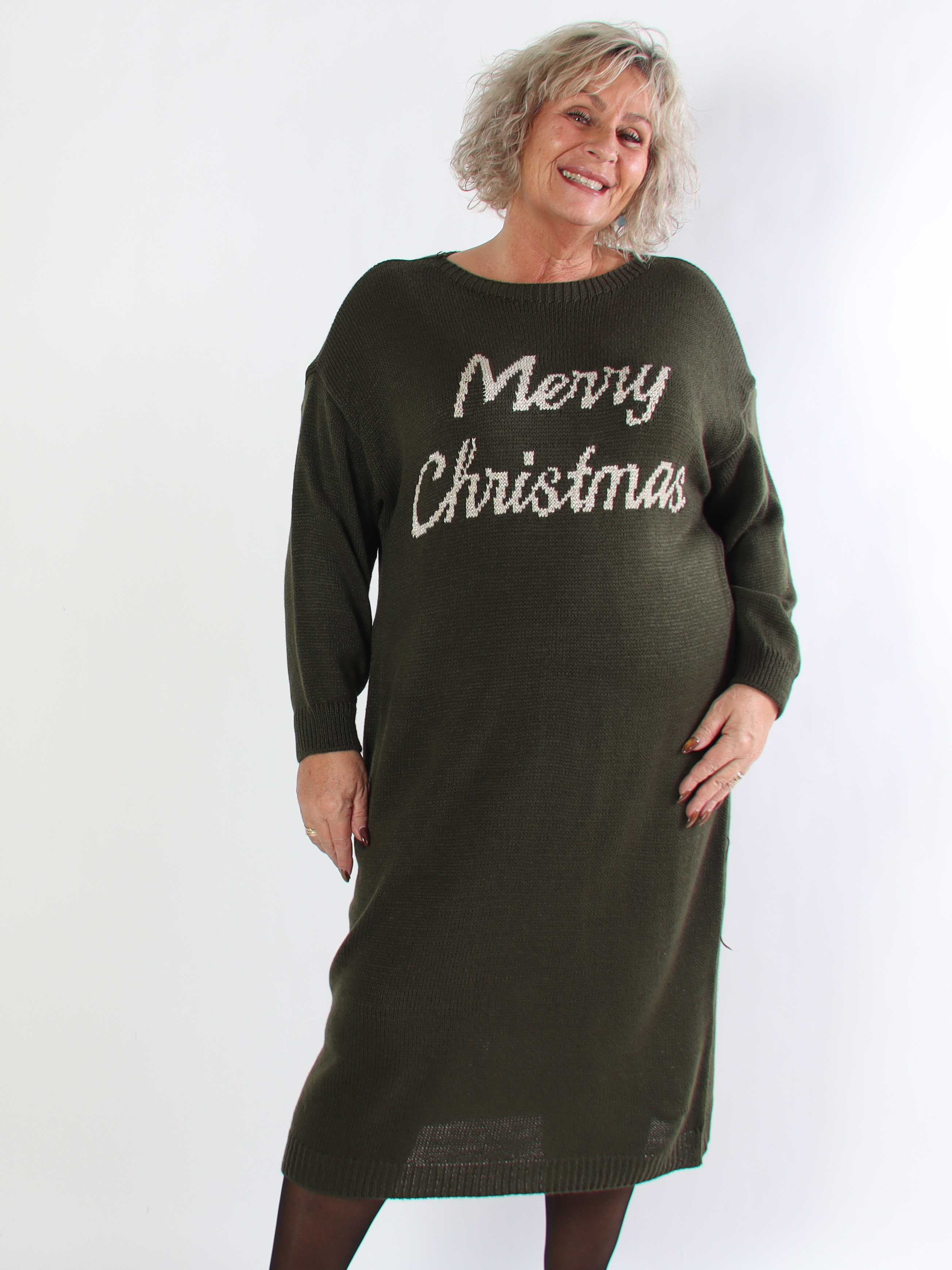 Merry Long - Plus size julestrikkjole med guld skrift